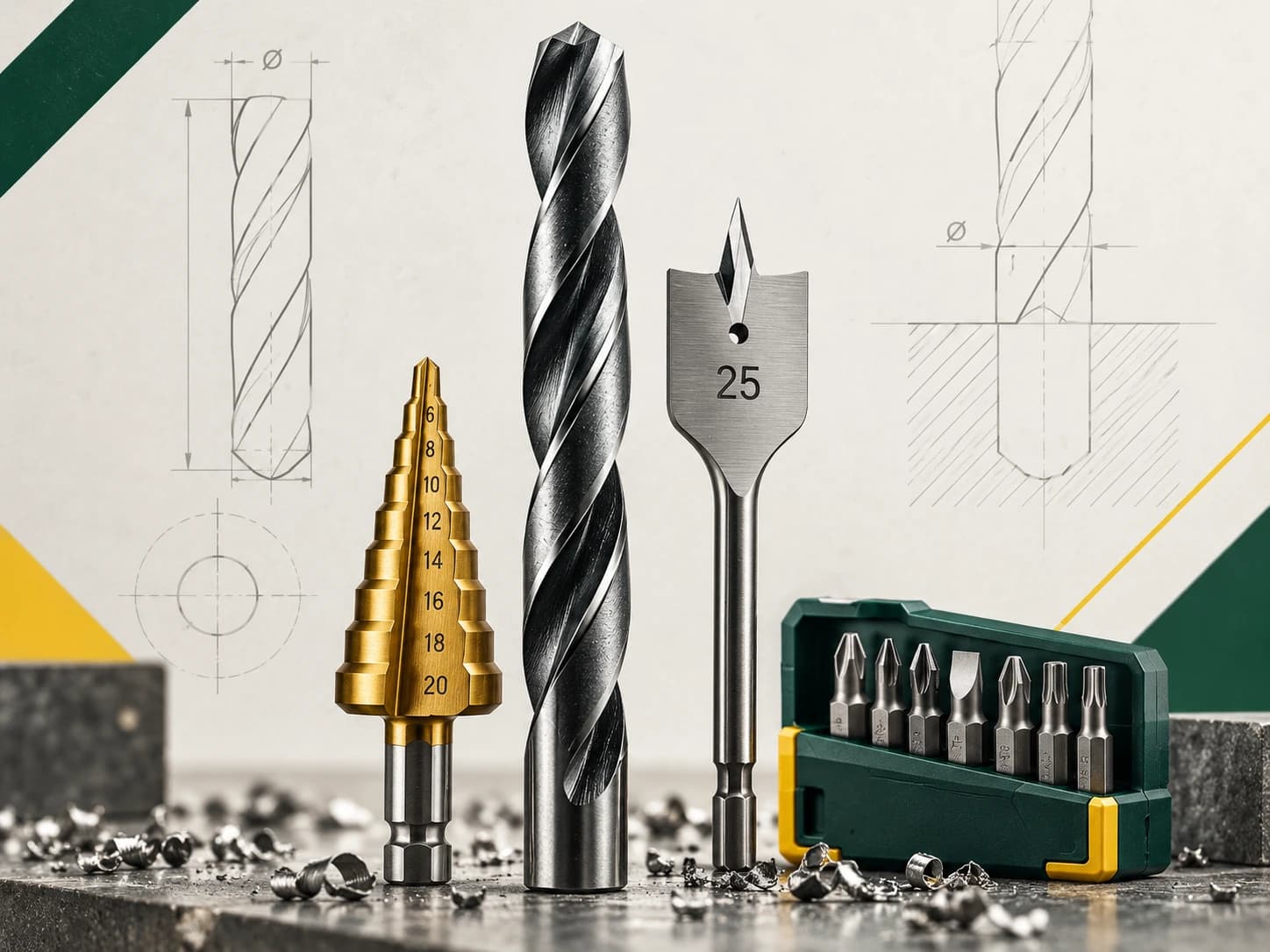 Brocas para diferentes materiais, bits, ponteiras e acessórios de perfuração em composição técnica editorial.
