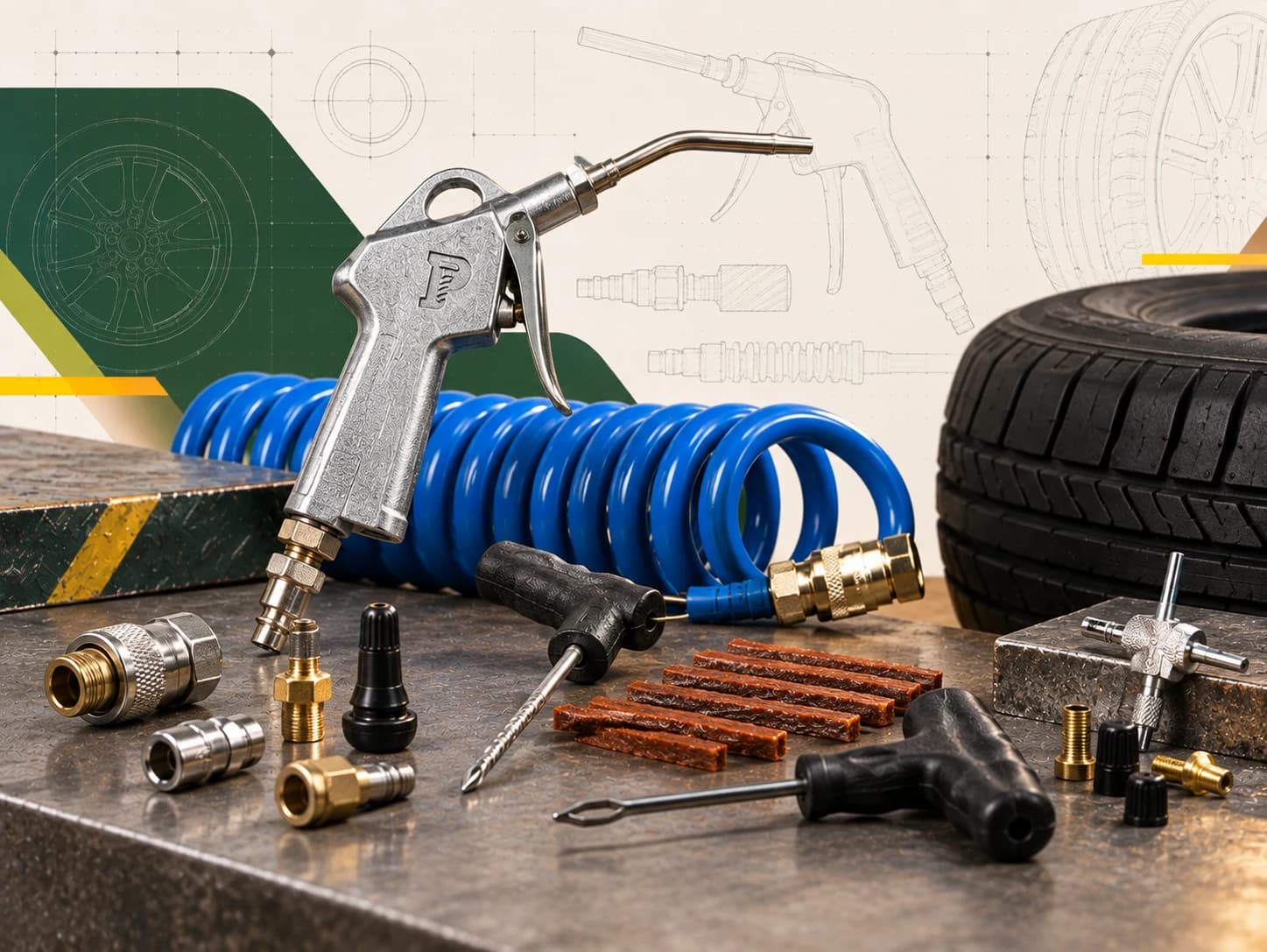 Acessórios pneumáticos e itens para reparos automotivos organizados em bancada de oficina.